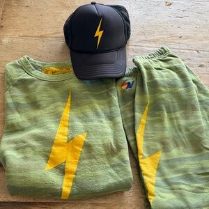 Green Camo Aviator Nation Lightning Bolt Sweatshirt and Pants Set with Black Cap